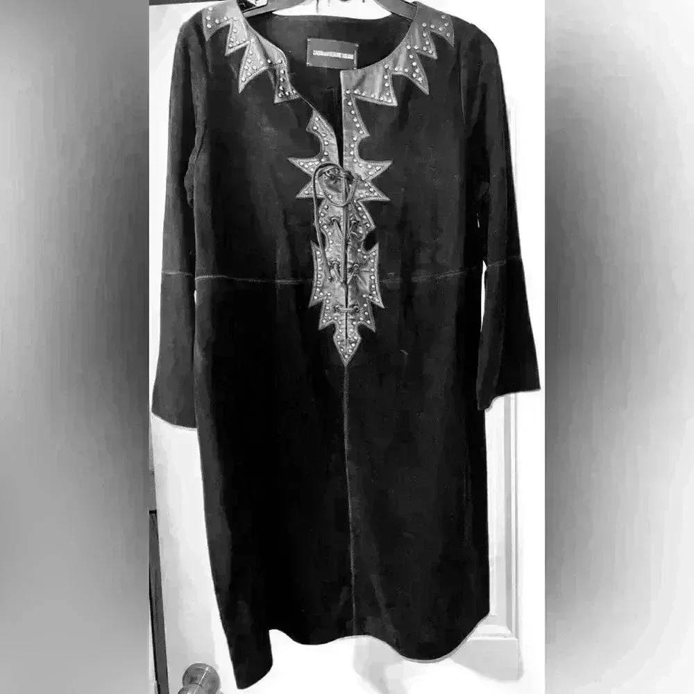Zadig & Voltaire Dress Black Suede With Leather And Studded Trim- Size L - Picture 6 of 13
